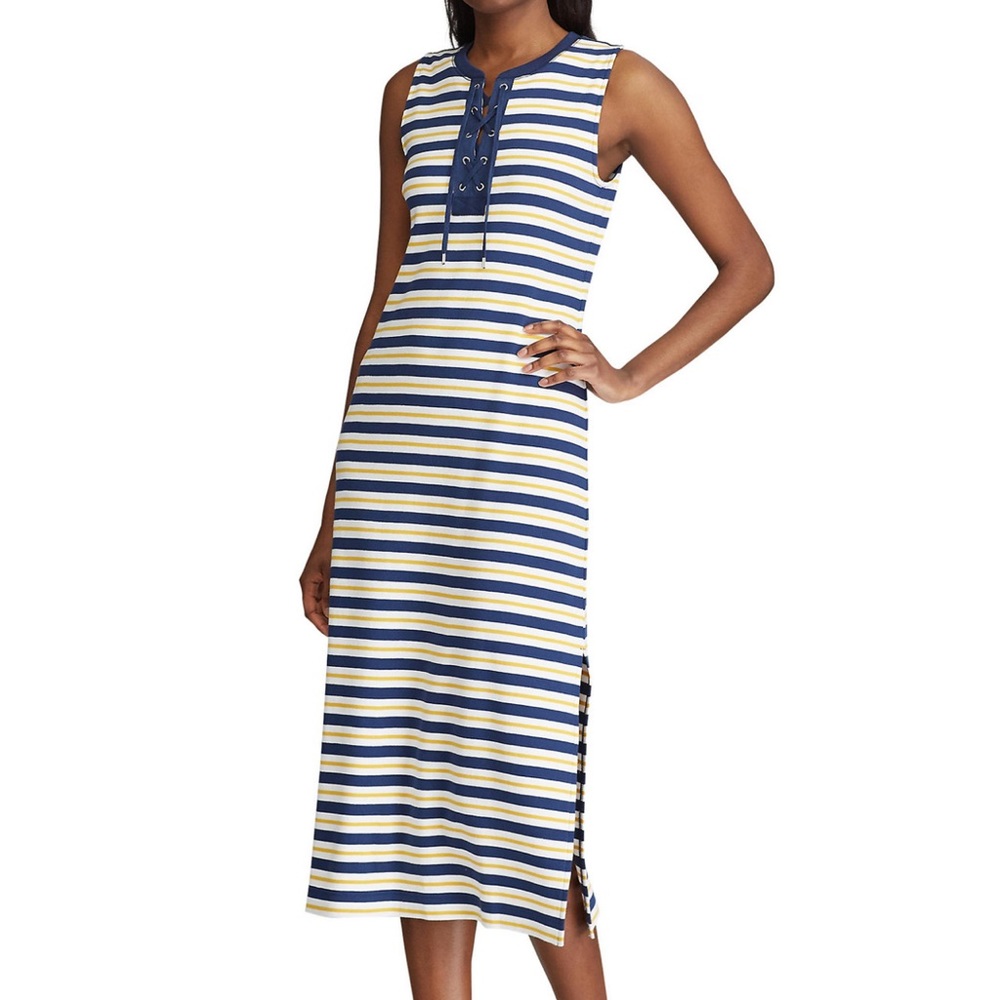 Chaps Blue Yellow and White Striped Sleeveless Lace Up Front Maxi dress Size L